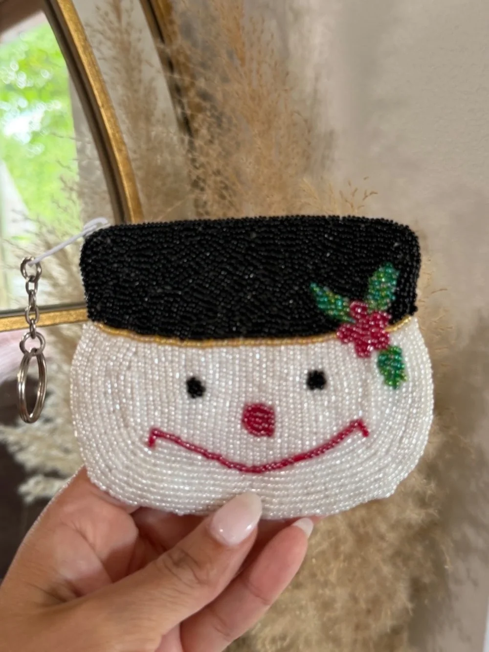 Vintage Beaded Holiday Snowman Coin Purse Keychain Ring (4.5